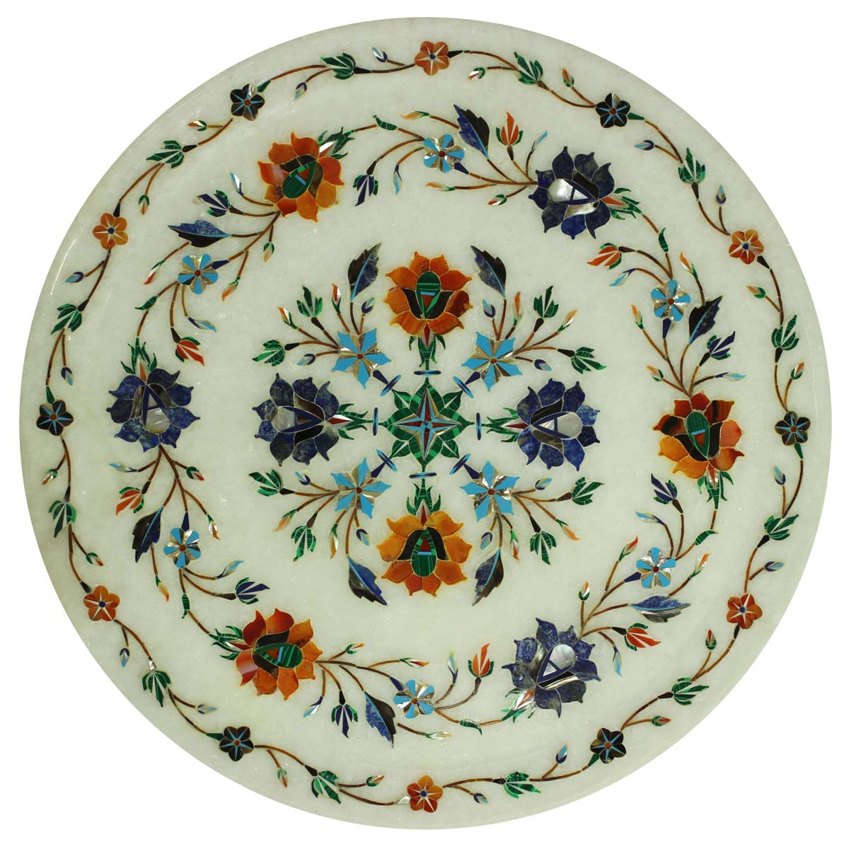 Bulk Wholesale 11” Handmade Round-Shaped Decorative Plate in White Marble – Designed with Colorful Floral Motifs in Marble Inlay Art – Home / Office Décor