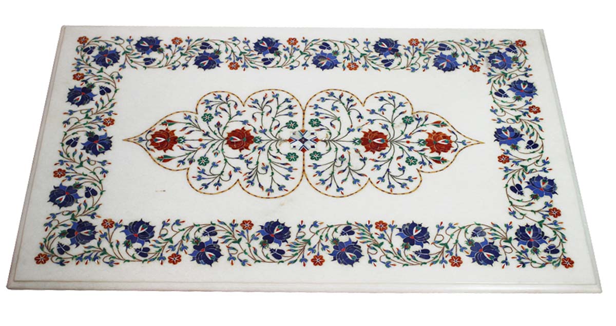 Bulk Wholesale 36” Handmade Rectangle Shaped Table-Top in White Marble – Decorated with Floral Patterns in Pietra Dura Art – Home Décor