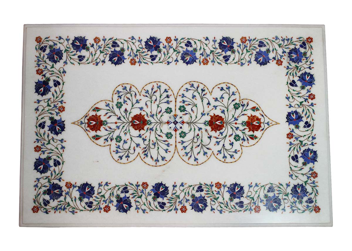 Bulk Wholesale 36” Handmade Rectangle Shaped Table-Top in White Marble – Decorated with Floral Patterns in Pietra Dura Art – Home Décor