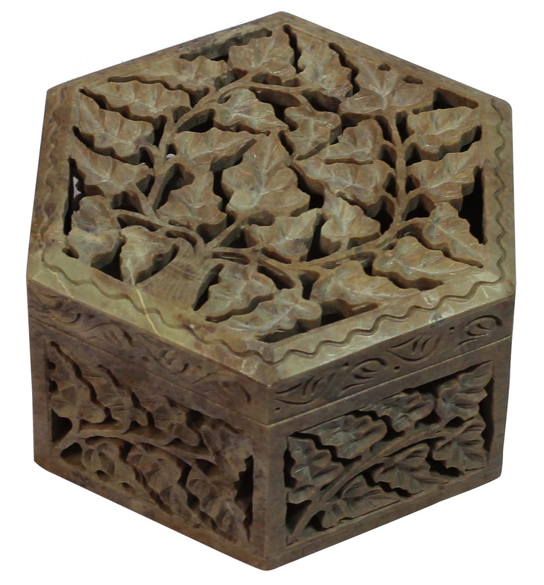 Wholesale 5.4” Soapstone Jewelry Box in Bulk - Hand-Carved Hexagon-Shaped Box/Container with Hinged Top Cover - Designed with Leafy Patterns in Openwork or Jali Art - Decorative Boxes from India