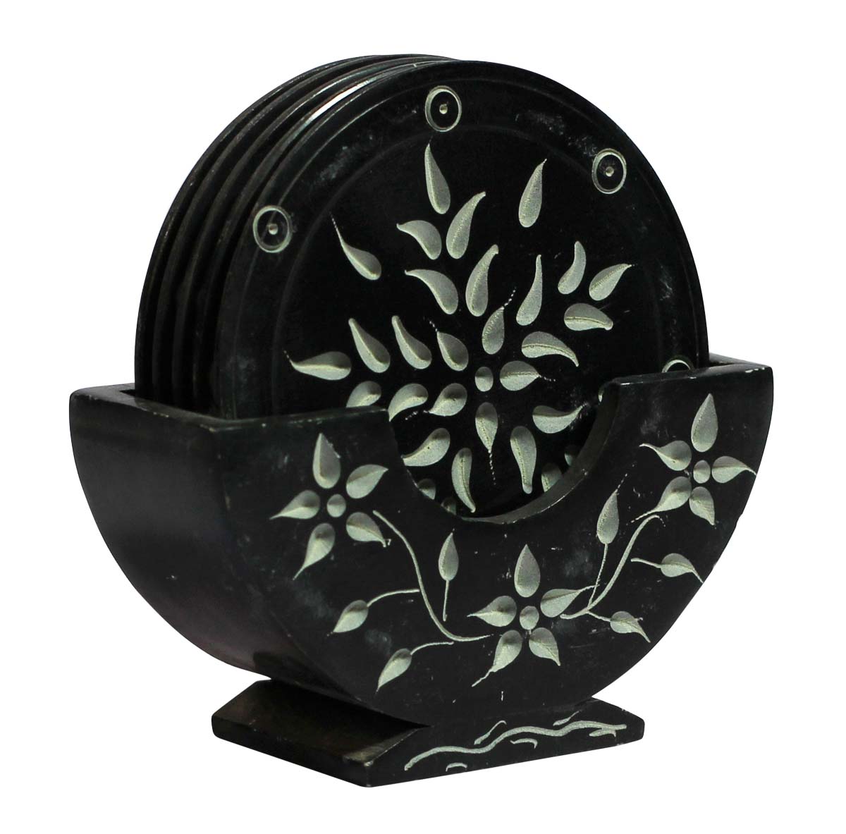Bulk Wholesale Coasters with a Holder 4” Set of 5 Round-Shaped in Black Color - Hand-Carved in Soapstone - Decorated with Floral Patterns - Table-Top Accessories