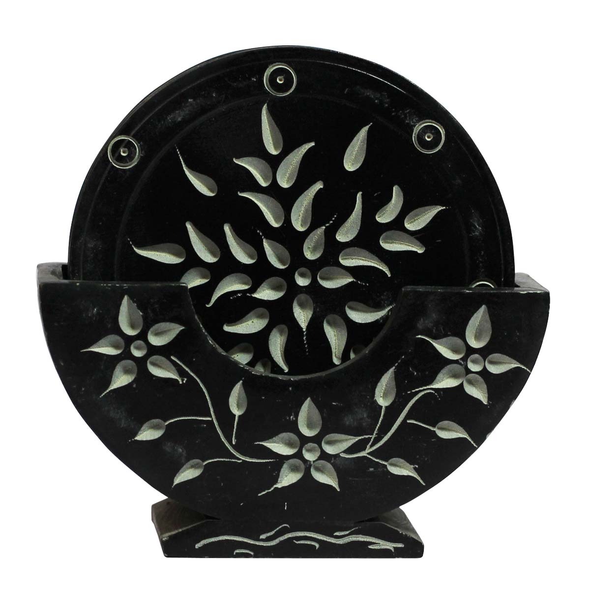 Bulk Wholesale Coasters with a Holder 4” Set of 5 Round-Shaped in Black Color - Hand-Carved in Soapstone - Decorated with Floral Patterns - Table-Top Accessories