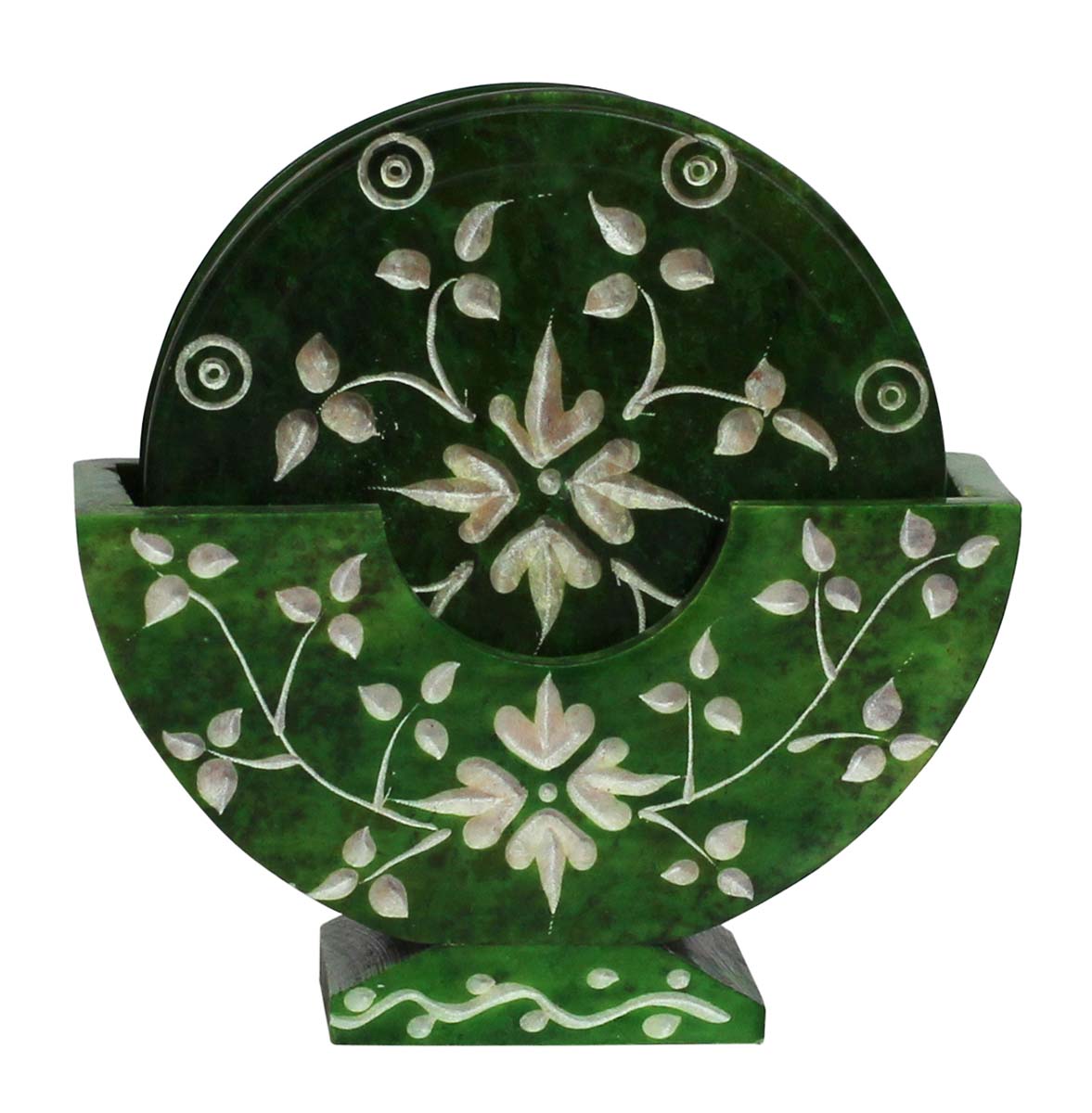 Bulk Wholesale Coasters with a Holder in Green Color 4” Set of 6 Round-Shaped - Hand-Carved in Soapstone - Decorated with Floral Patterns - Table-Top Accessories