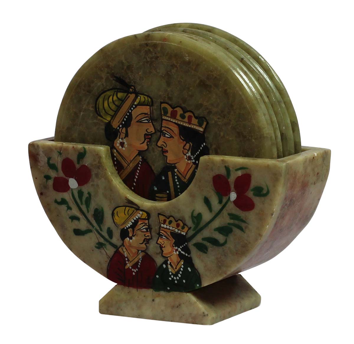 Bulk Wholesale 4” Set of 6 Round-Shaped Coasters with a Holder - Handcrafted in Soapstone - Decorated with King & Queen Motifs - Table-Top Accessories