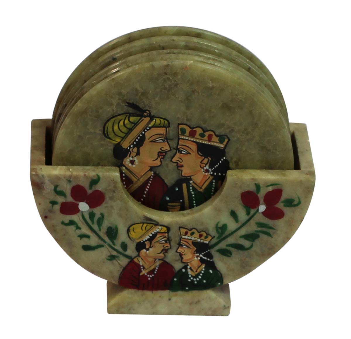 Bulk Wholesale 4” Set of 6 Round-Shaped Coasters with a Holder - Handcrafted in Soapstone - Decorated with King & Queen Motifs - Table-Top Accessories