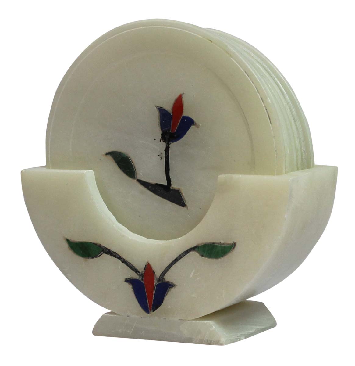 Bulk Wholesale Set of 6 Round-Shaped Coasters with a Holder 4” Handcrafted - White Color Decorated with Floral Patterns in Pietra Dura Art - Table-Top Accessories