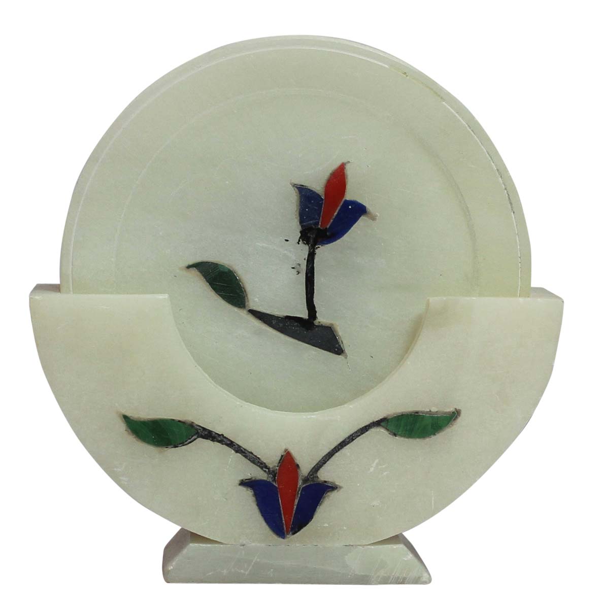 Bulk Wholesale Set of 6 Round-Shaped Coasters with a Holder 4” Handcrafted - White Color Decorated with Floral Patterns in Pietra Dura Art - Table-Top Accessories