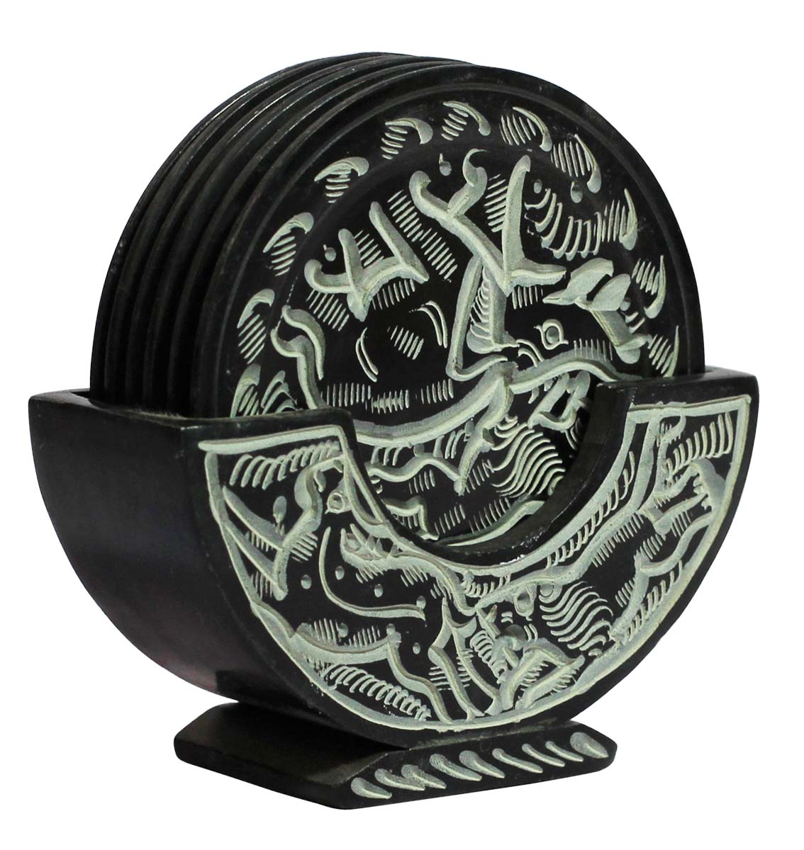 Bulk Wholesale 4” Black Color Set of 6 Round-Shaped Coasters with a Holder - Hand-Carved in Soapstone - Designed with Abstract Animal Motifs - Table-Top Accessories