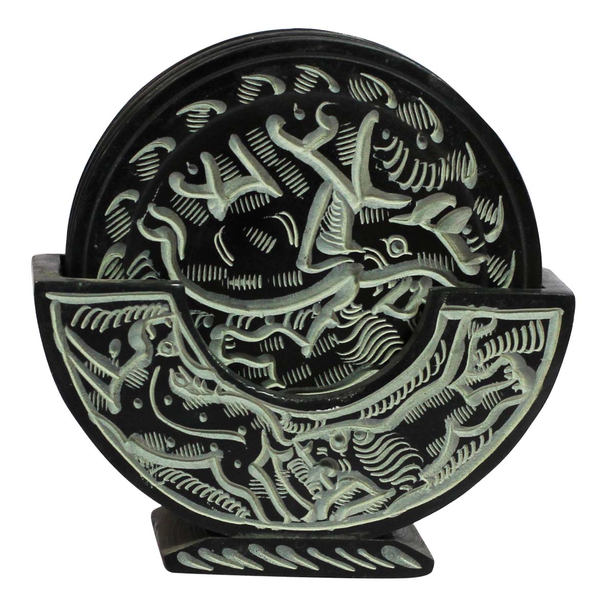 Bulk Wholesale 4” Black Color Set of 6 Round-Shaped Coasters with a Holder - Hand-Carved in Soapstone - Designed with Abstract Animal Motifs - Table-Top Accessories