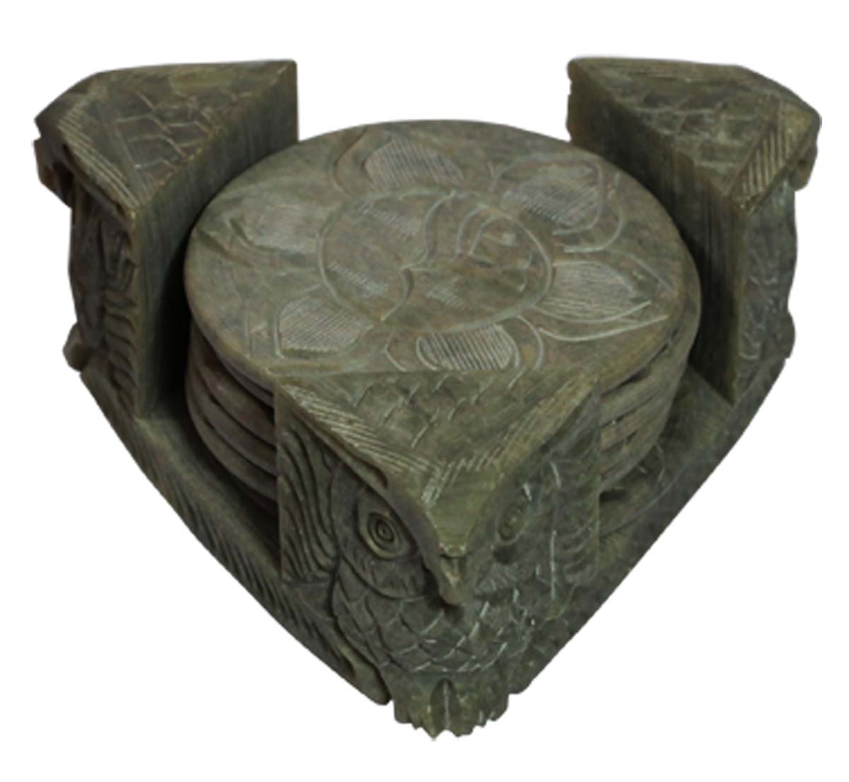 Bulk Wholesale Set of 6 Round-Shaped Coasters in a Holder - Designed with Owl Figurines Carved on the Three Corners of the Holder - Hand-Carved in Soapstone - Table-Top Accessories