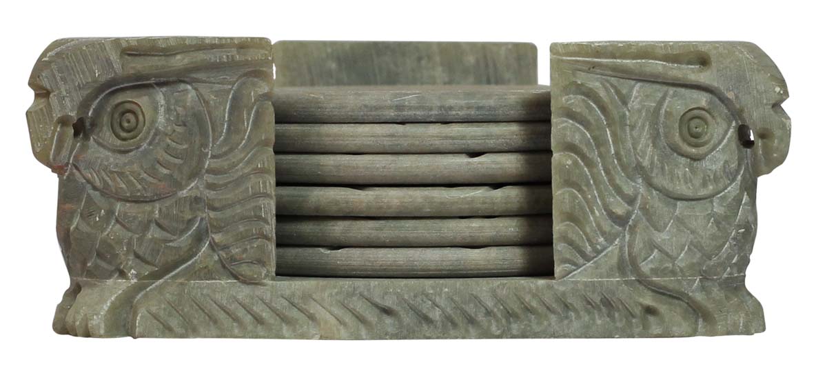 Bulk Wholesale Set of 6 Round-Shaped Coasters in a Holder - Designed with Owl Figurines Carved on the Three Corners of the Holder - Hand-Carved in Soapstone - Table-Top Accessories