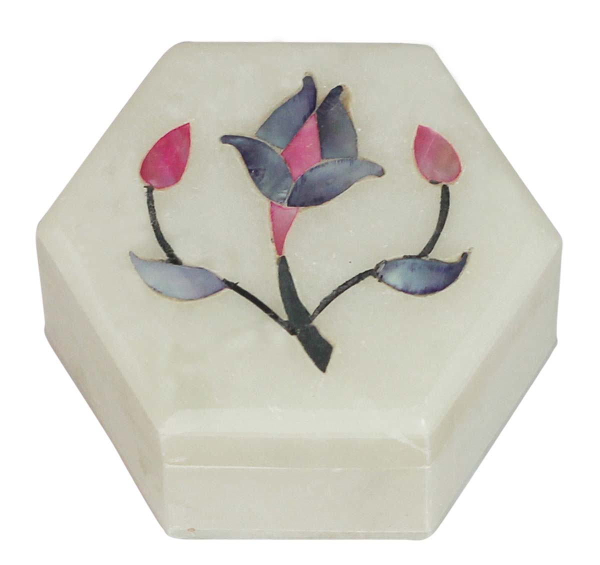 Wholesale 3.4” White Marble Jewelry Box - Handmade Hexagon Shaped Trinket Box - Decorated with Floral Pattern in Pietra Dura Art - Bulk Buy Dresser Accessories from India