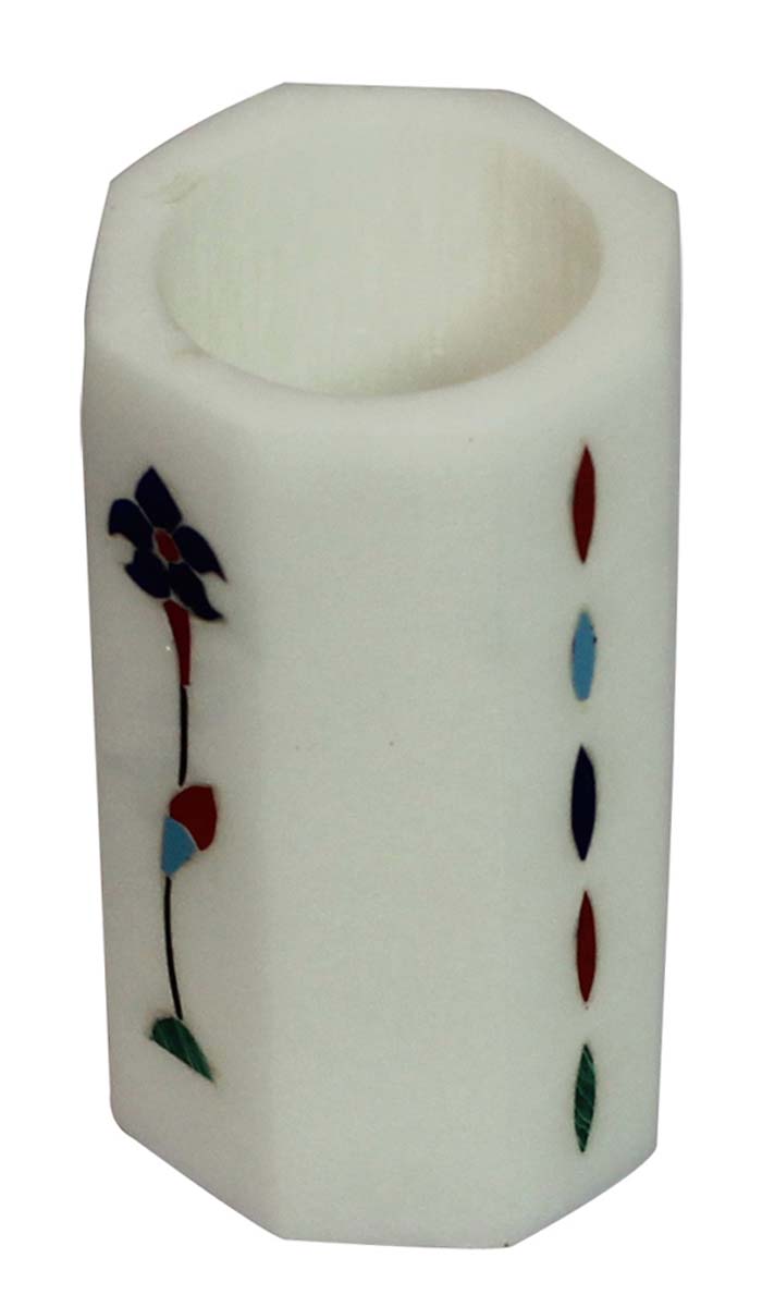 Bulk Wholesale 2.4” Handmade Octagon Shaped Pen Stand / Holder / Organizer in White Marble – Decorated with Floral Pattern in Pietra Dura Art – Desk Accessories