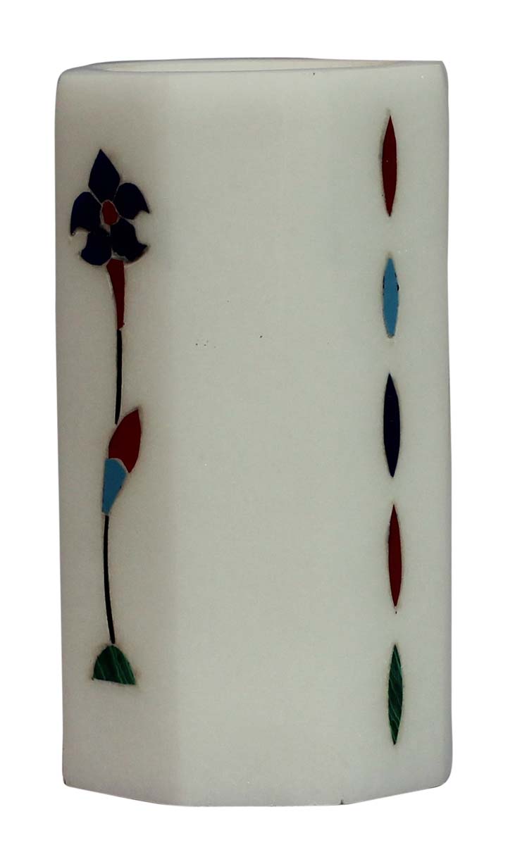 Bulk Wholesale 2.4” Handmade Octagon Shaped Pen Stand / Holder / Organizer in White Marble – Decorated with Floral Pattern in Pietra Dura Art – Desk Accessories