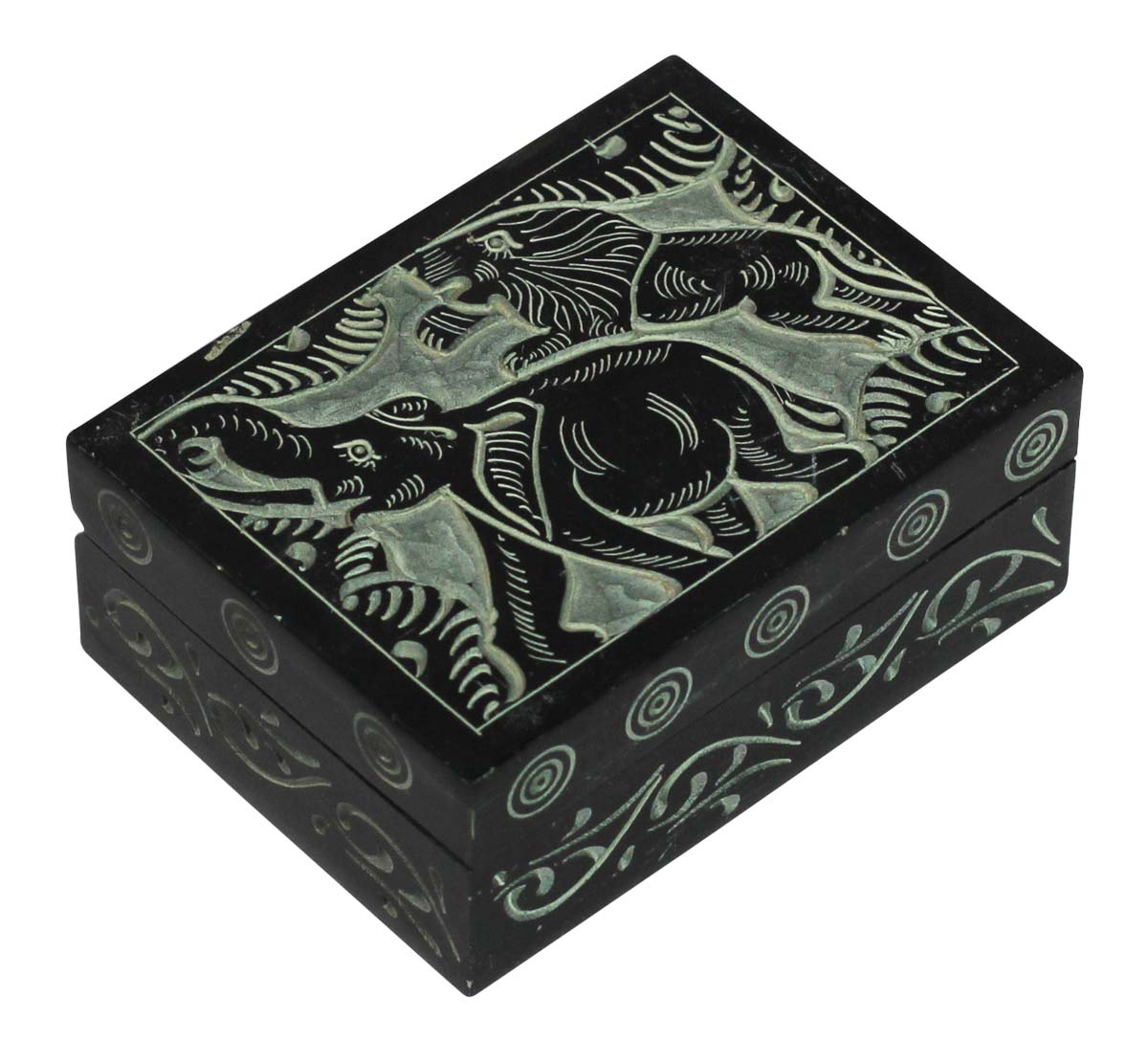 Wholesale 4x3” Palewa Stone Jewelry Box in Bulk - Hand-Carved Rectangle-Shaped Jewelry Box/Trinket Box/Storage Box in Black Color Designed with an Elephant & Lion Motif - Decorative Boxes from India