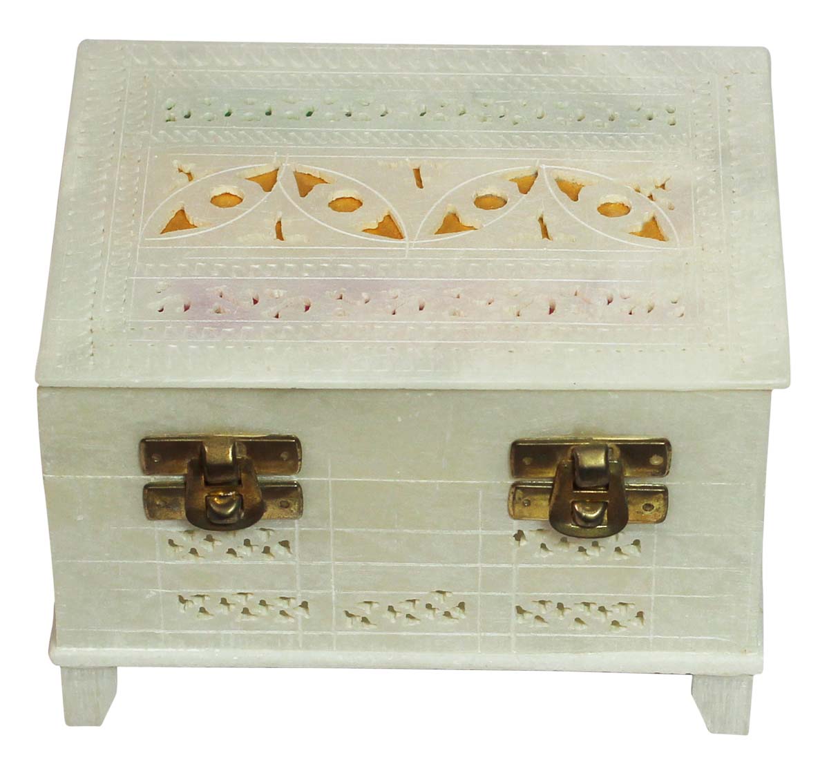 Wholesale Trunk Design 5.6x4.6” Soapstone Jewelry Box in Bulk - Hand-Carved Rectangle-Shaped White Jewelry Box/Trinket Box/Storage Box Designed in Jali Art - Decorative Handmade Boxes from India
