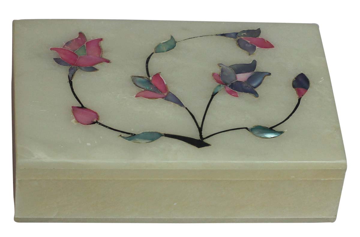 Wholesale Pietra Dura Art 6x4” White Marble Jewelry Box in Bulk - Hand-Carved Rectangle-Shaped Jewelry Box/Trinket Box/Storage Box Designed with Floral Motifs in Pietra Dura Art - Decorative Handmade Boxes from India