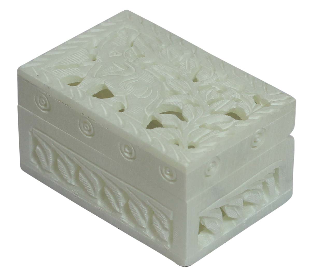 Wholesale Elephant Motif 3x2” White Soapstone Jewelry Box in Bulk - Hand-Carved Rectangle-Shaped Jewelry Box/Trinket Box/Storage Box Designed with Elephant Motif & Leafy Patterns in Jali Art - Decorative Handmade Boxes from India