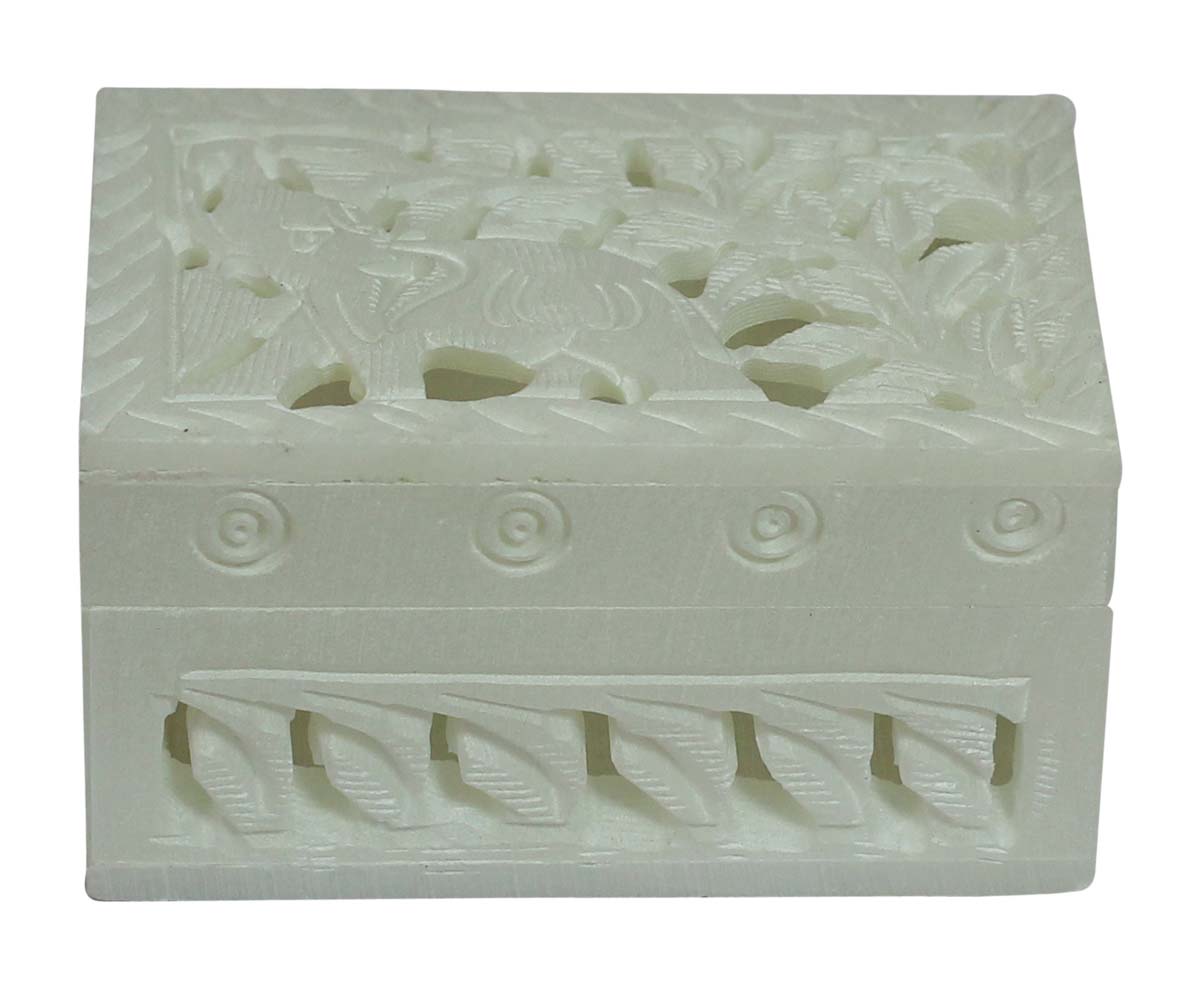 Wholesale Elephant Motif 3x2” White Soapstone Jewelry Box in Bulk - Hand-Carved Rectangle-Shaped Jewelry Box/Trinket Box/Storage Box Designed with Elephant Motif & Leafy Patterns in Jali Art - Decorative Handmade Boxes from India