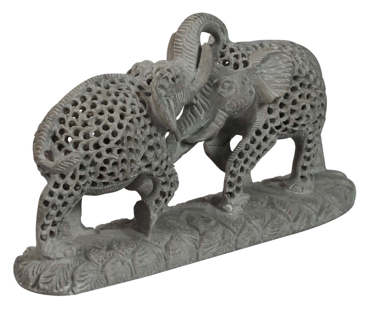 Wholesale ‘2 Elephants in a Fight’ Sculpture/Figurine - Bulk Buy Hand Carved 10” Stone Wild Warrior Elephant Statue - Unique Open-Work Art - Animal Decor Sculpture - Home Decor Gifts from India