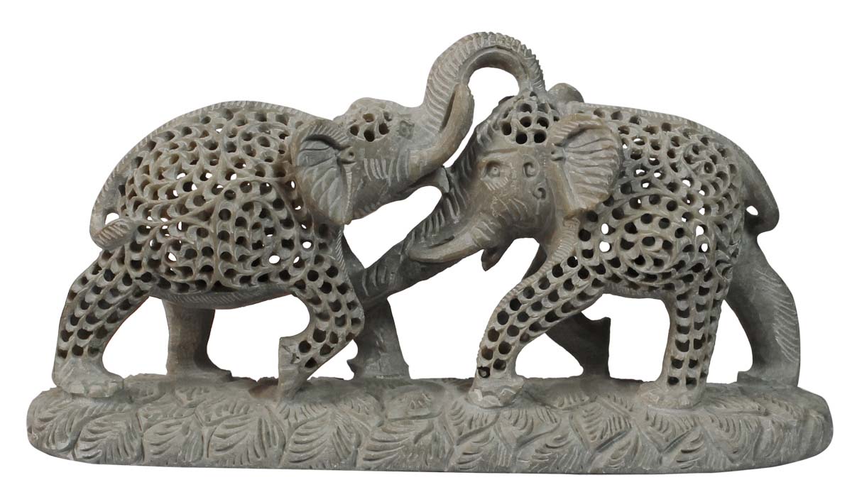 Wholesale ‘2 Elephants in a Fight’ Sculpture/Figurine - Bulk Buy Hand Carved 10” Stone Wild Warrior Elephant Statue - Unique Open-Work Art - Animal Decor Sculpture - Home Decor Gifts from India