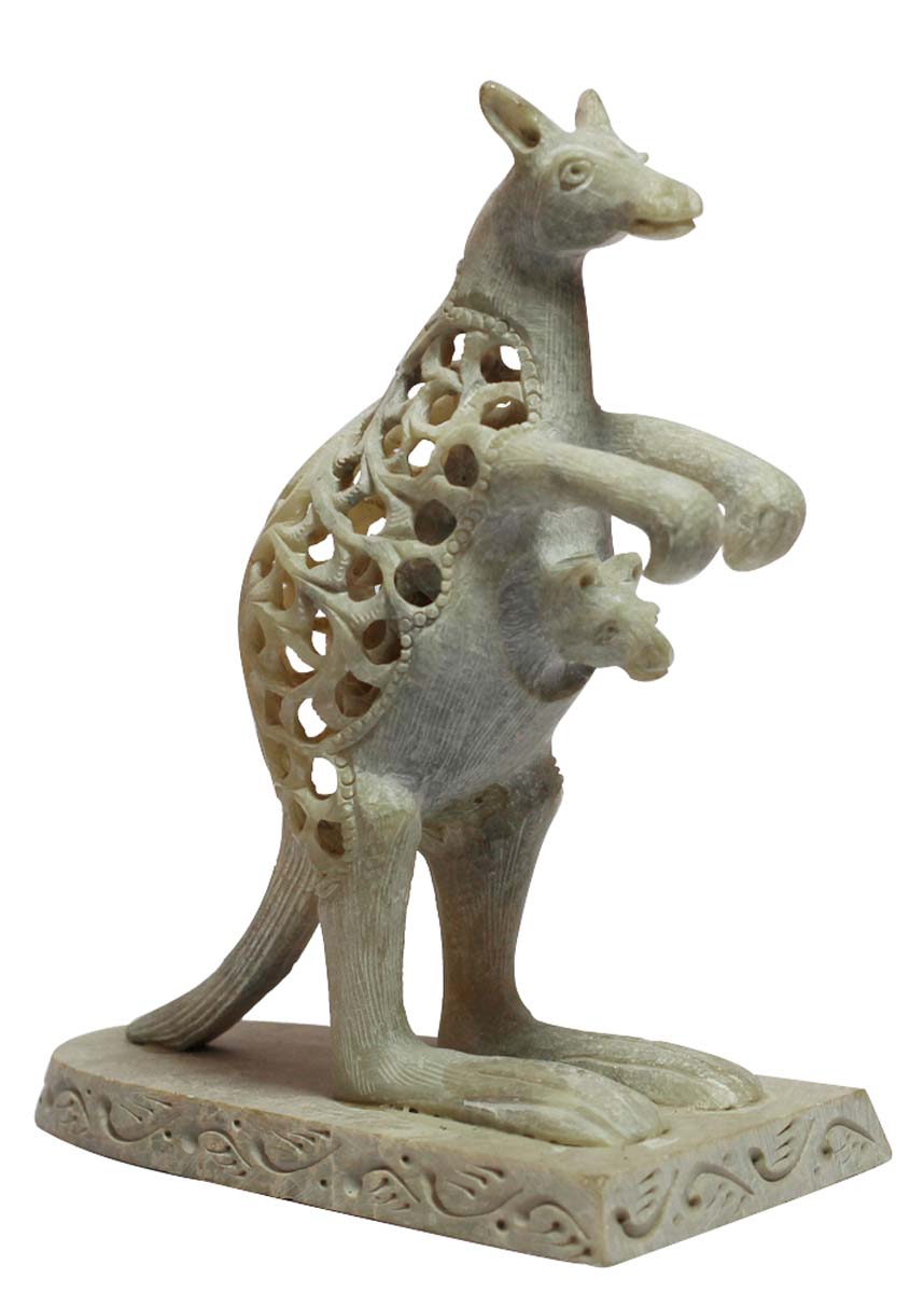 Wholesale Kangaroo Figurine - Bulk Buy 6.6” Hand Carved Soapstone Statue of Kangaroo and Baby Kangaroo - Unique Open-Work Art - Animal Decor Sculpture/Gifts from India