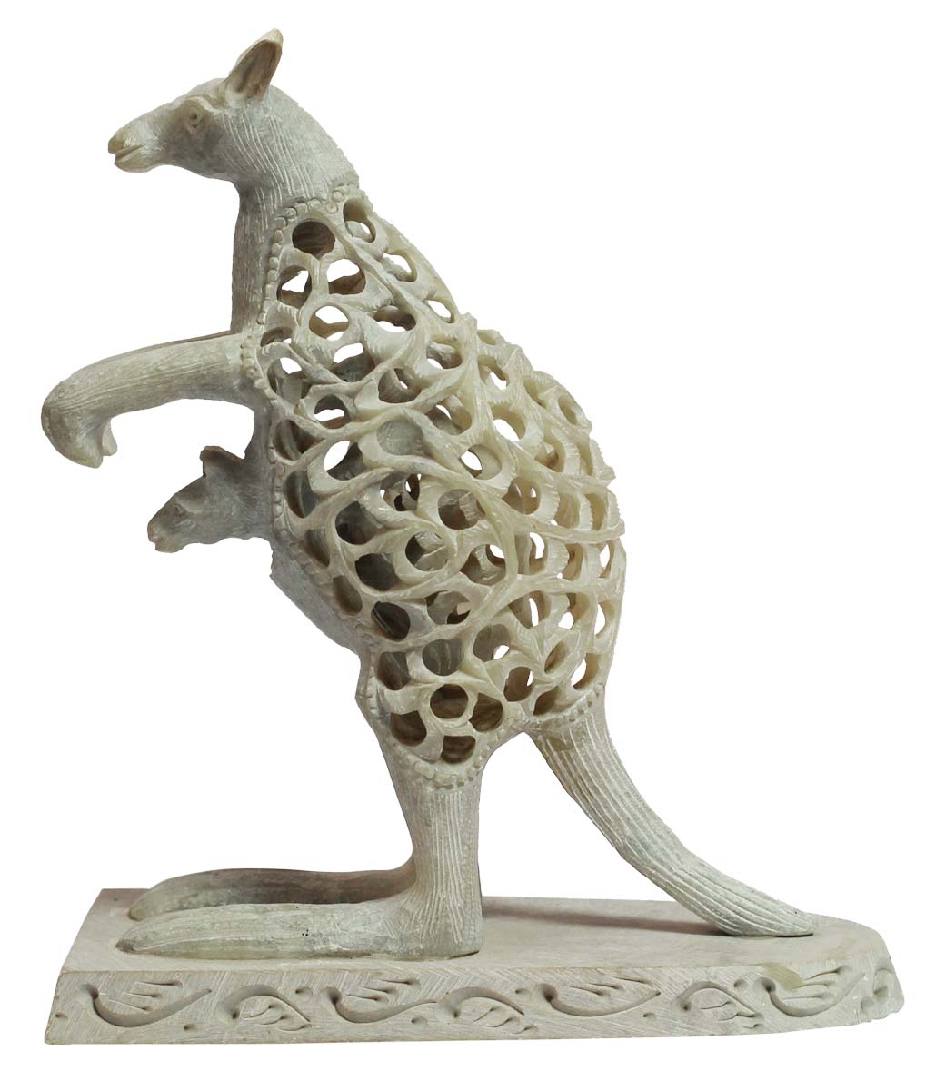 Wholesale Kangaroo Figurine - Bulk Buy 6.6” Hand Carved Soapstone Statue of Kangaroo and Baby Kangaroo - Unique Open-Work Art - Animal Decor Sculpture/Gifts from India