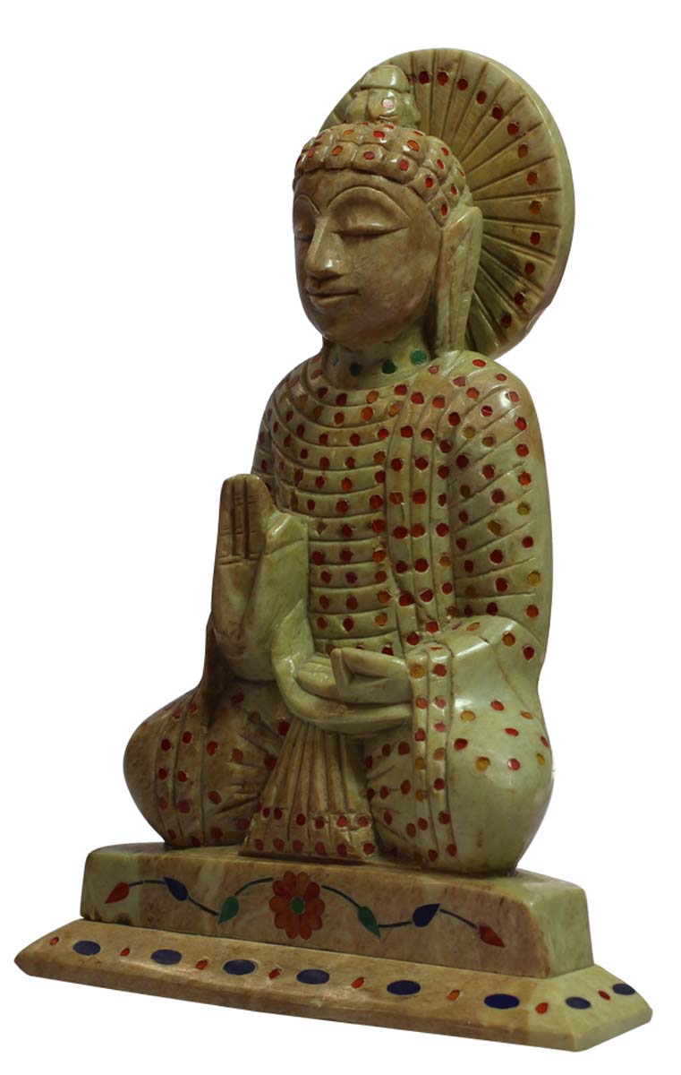Wholesale Lord Buddha (Siddhartha) Figurine in Meditation Pose - Buy in Bulk 12” Hand Carved Soapstone Buddha Figurine/Statue with Rare Inlay Art of Colorful Stones - Unique Good Luck Charms Stone Sculpture - Home & Office Decor