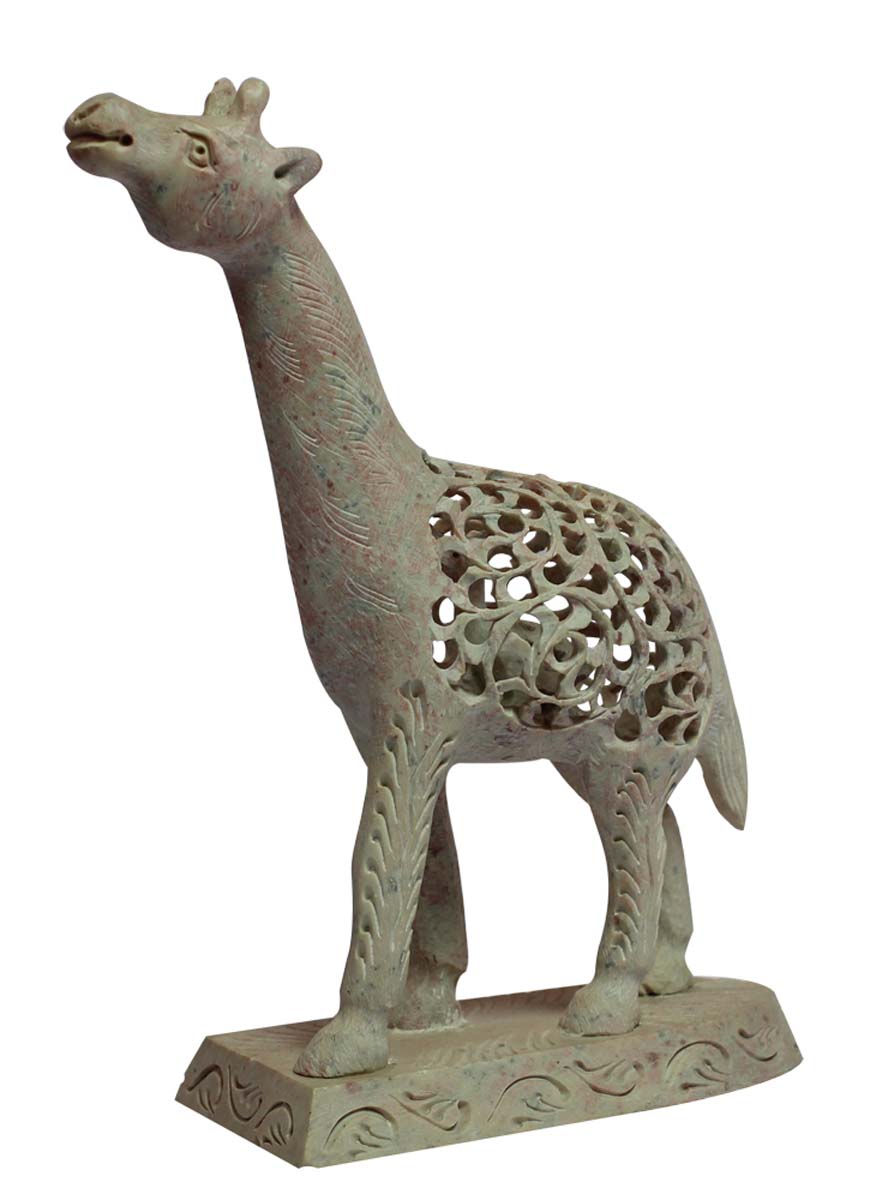 Wholesale Giraffe Figurine - Bulk Buy 6.6” Hand Carved Soapstone Statue of Mother and Baby Giraffe - Unique Open-Work Art - Animal Decor Sculpture - Baby Shower Gifts from India