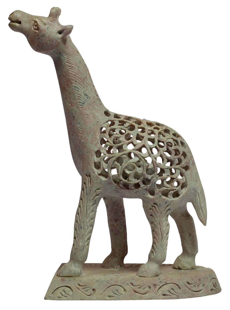 Wholesale Giraffe Figurine - Bulk Buy 6.6” Hand Carved Soapstone Statue of Mother and Baby Giraffe - Unique Open-Work Art - Animal Decor Sculpture - Baby Shower Gifts from India