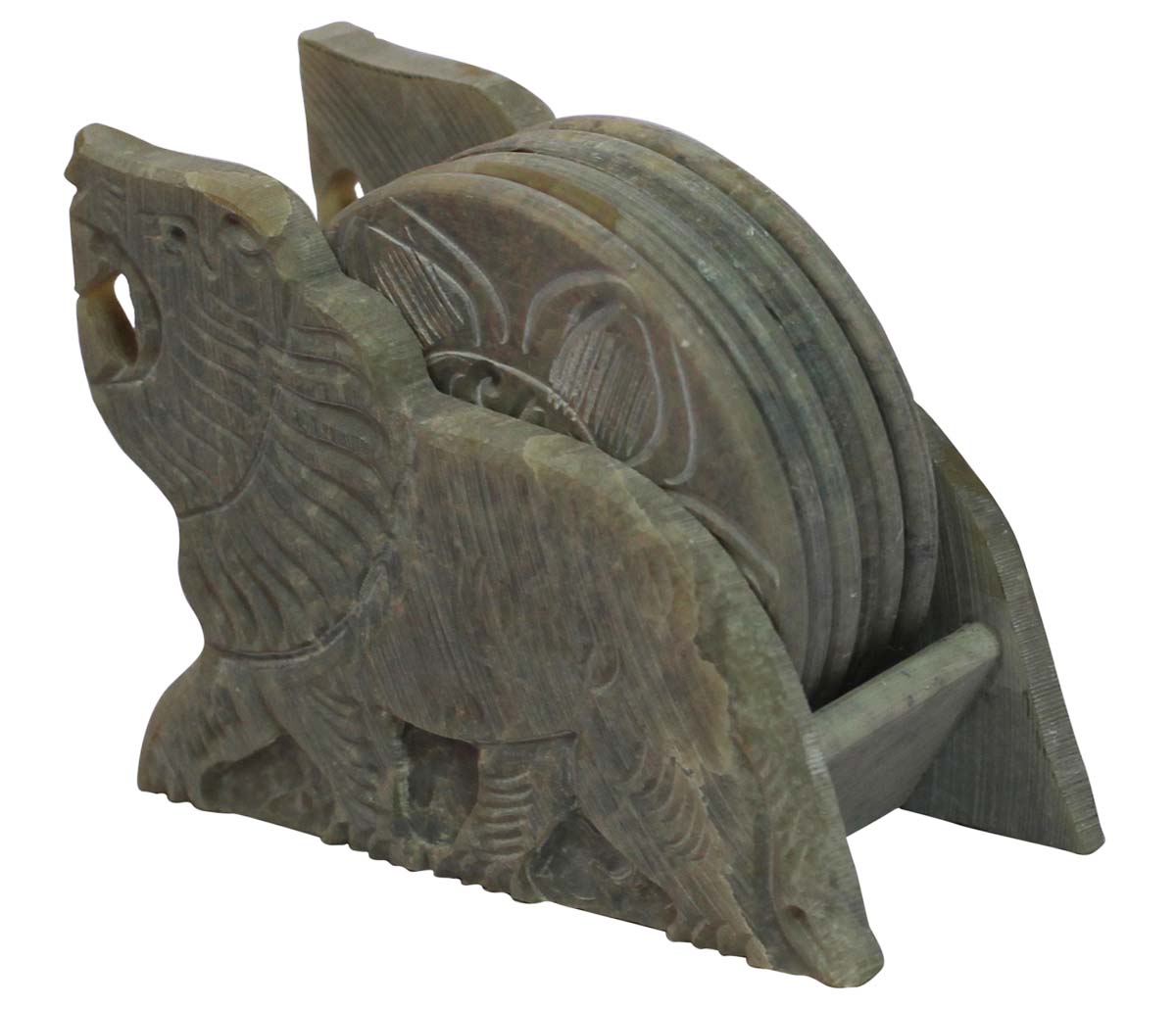 Bulk Wholesale Set of 6 Round-Shaped Coasters with Portrait of a Lion Carved on the Walls of the Holder - Handmade in Soapstone - Table-Top Accessories - Home/Office Decor