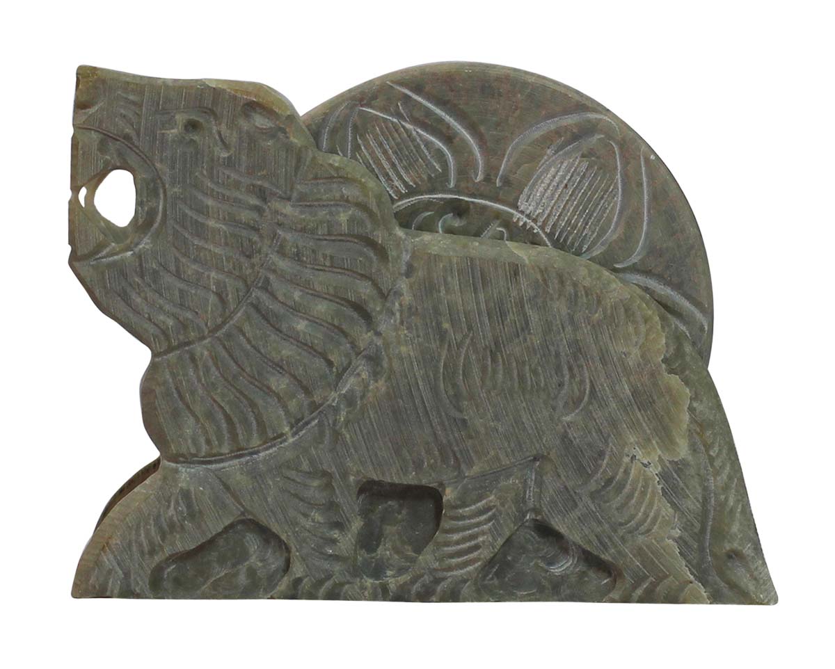Bulk Wholesale Set of 6 Round-Shaped Coasters with Portrait of a Lion Carved on the Walls of the Holder - Handmade in Soapstone - Table-Top Accessories - Home/Office Decor