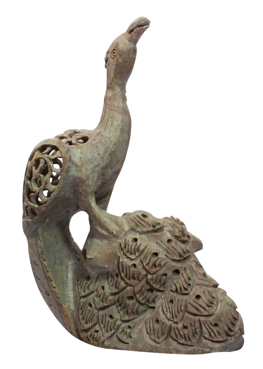 Wholesale 5” Peacock Figurine - Buy in Bulk Hand Carved Soapstone Peacock Figurine/Statue Designed in Jali or Latticework Carving - Unique Animal & Bird Decor Sculpture