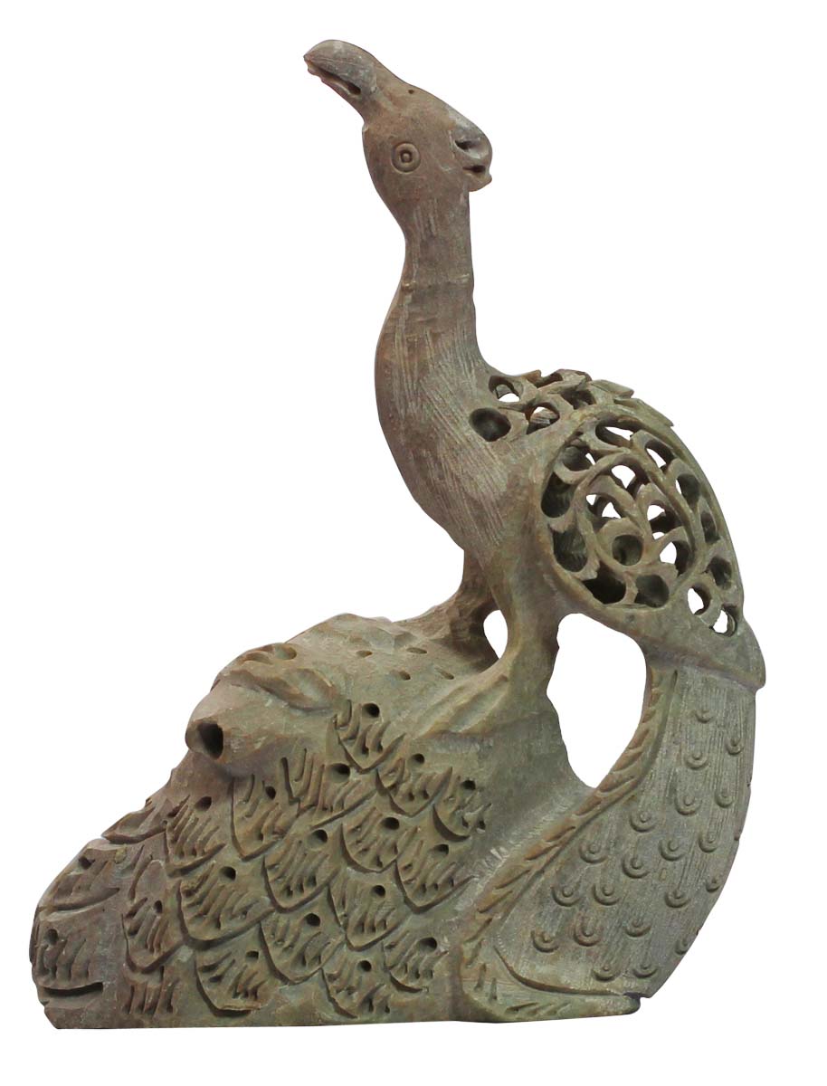 Wholesale 5” Peacock Figurine - Buy in Bulk Hand Carved Soapstone Peacock Figurine/Statue Designed in Jali or Latticework Carving - Unique Animal & Bird Decor Sculpture