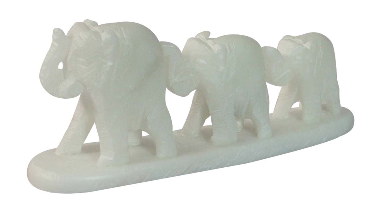 Wholesale ‘3 Elephants Parade’ Showpiece/Sculpture/Figurine - Bulk Buy Hand Carved 4” Stone Elephant Statue - Animal Figurines/Decorative Art-Piece - Home Decor Gifts from India