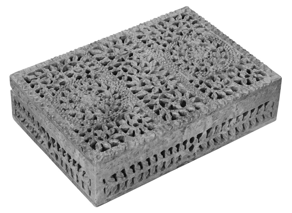 Wholesale Floral & Leafy Pattern 10x7” Soapstone Jewelry Box in Bulk - Hand-Carved Rectangle-Shaped Jewelry Box/Trinket Box/Storage Box Designed in Jali Art - Decorative Handmade Boxes from India
