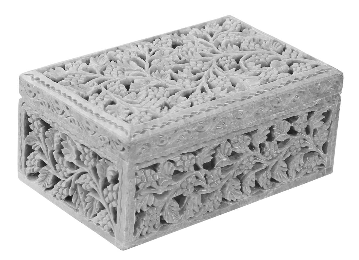 Wholesale 8” Jewelry Box in Bulk - Hand Carved Soapstone Rectangle Shaped Trinket Box with Intricate Leafy Patterns in Jali Art - Decorative Keepsake Boxes