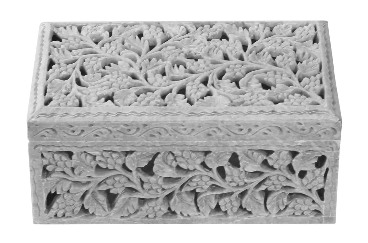 Wholesale 8” Jewelry Box in Bulk - Hand Carved Soapstone Rectangle Shaped Trinket Box with Intricate Leafy Patterns in Jali Art - Decorative Keepsake Boxes