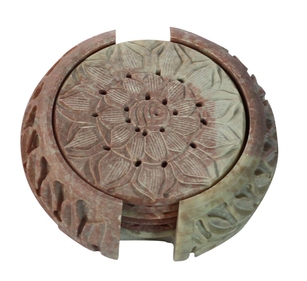 Bulk Wholesale Set of 6 Round-Shaped Coasters with a Holder in Shades of Pink & Beige - Hand-Carved in Soapstone - Table-Top Accessories