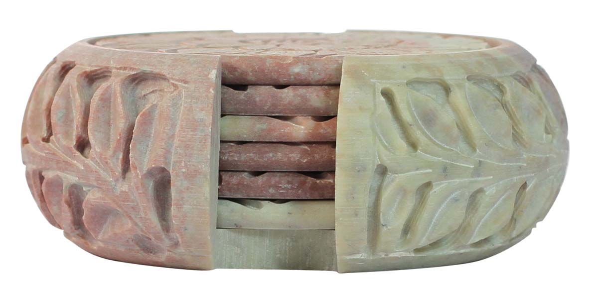 Bulk Wholesale Set of 6 Round-Shaped Coasters with a Holder in Shades of Pink & Beige - Hand-Carved in Soapstone - Table-Top Accessories