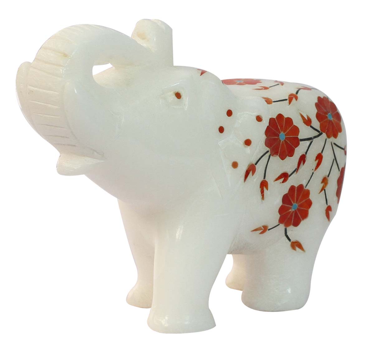 Wholesale 5” Trunk Up Elephant Figurine - Bulk Buy Hand Carved White Marble Elephant Statue/Sculpture with Rare Hand-Painted Floral Motifs in Red - Animal Decor Sculpture/Gifts from India