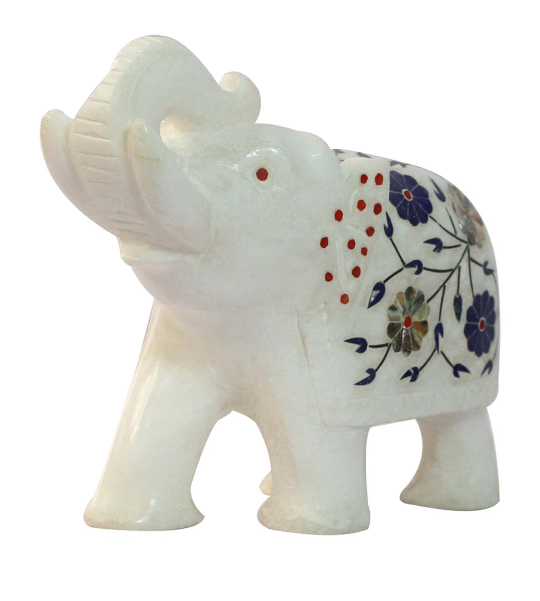 Wholesale 2.5” Trunk Up Elephant Figurine - Bulk Buy Hand Carved White Marble Elephant Statue/Sculpture with Rare Hand-Painted Floral Motifs in Bright Colors - Animal Decor Sculpture/Gifts from India