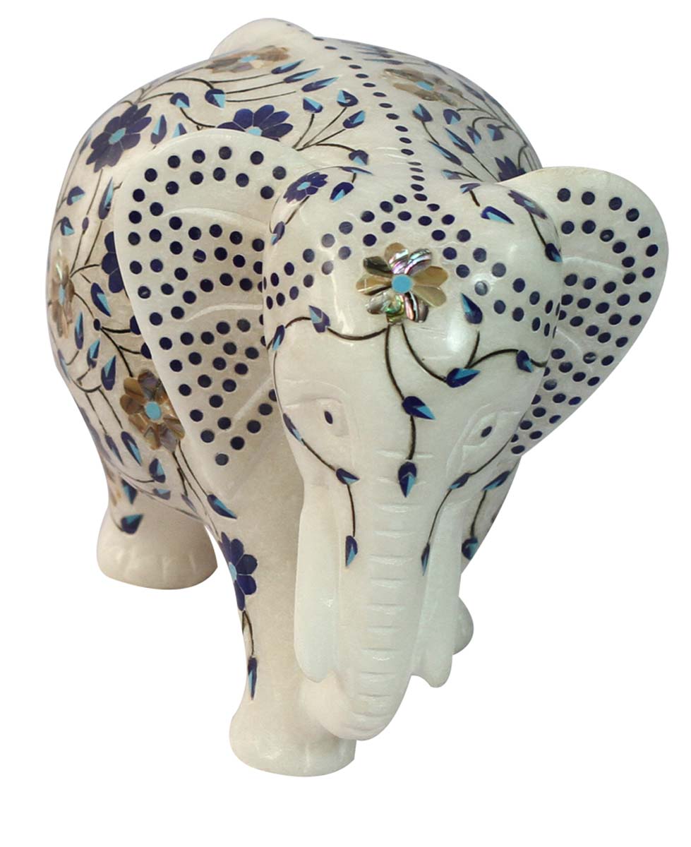 Wholesale Decorative 6” Trunk Up Elephant Figurine - Bulk Source Hand Carved White Marble Elephant Statue/Sculpture with Hand-Painted Floral Motifs in Blue - Animal Decor Sculpture/Gifts from India