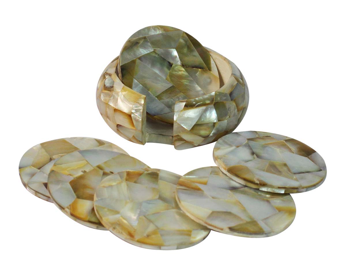 Bulk Wholesale Set of 6 Coasters with a Holder in Shades of Yellow, White & Black in Abstract Pattern - 4” Round-Shaped Handmade in White Marble & Mother of Pearl - Table-Top Accessories