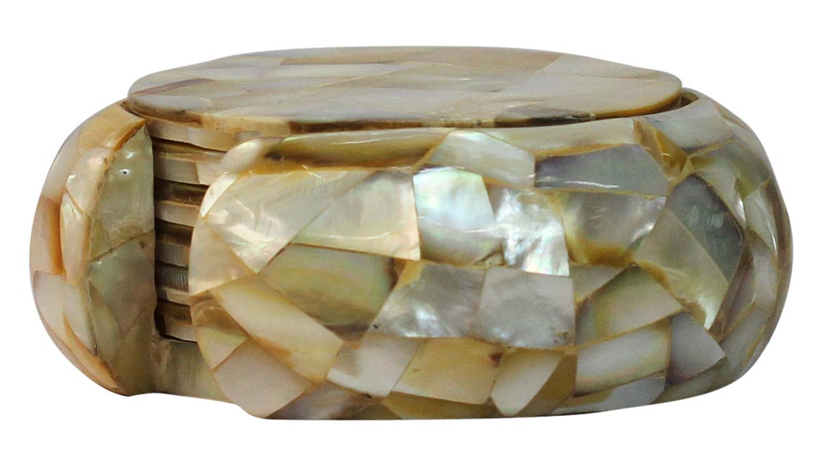 Bulk Wholesale Set of 6 Coasters with a Holder in Shades of Yellow, White & Black in Abstract Pattern - 4” Round-Shaped Handmade in White Marble & Mother of Pearl - Table-Top Accessories