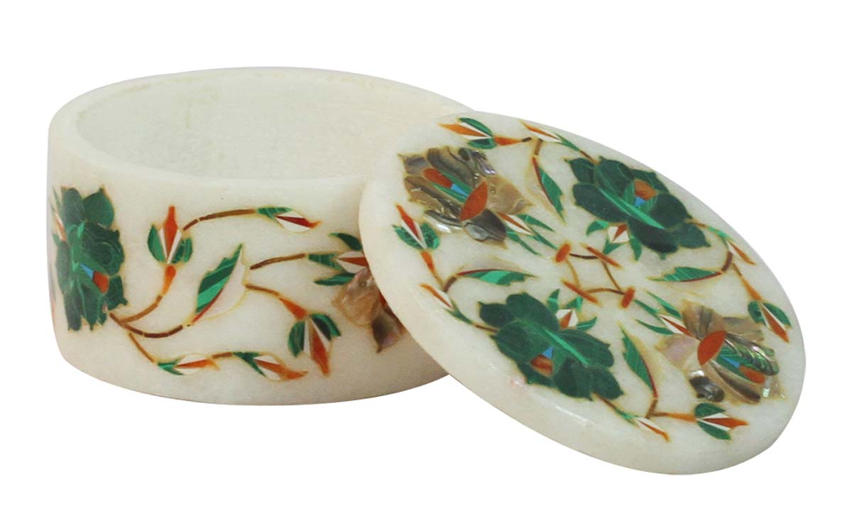 Bulk Buy White Marble 4x3” Jewelry Box - Wholesale Handmade Jewelry Box/Trinket Box/Storage Box Designed with Green Color Floral Patterns in Pietra Dura Art - Decorative Handmade Boxes from India