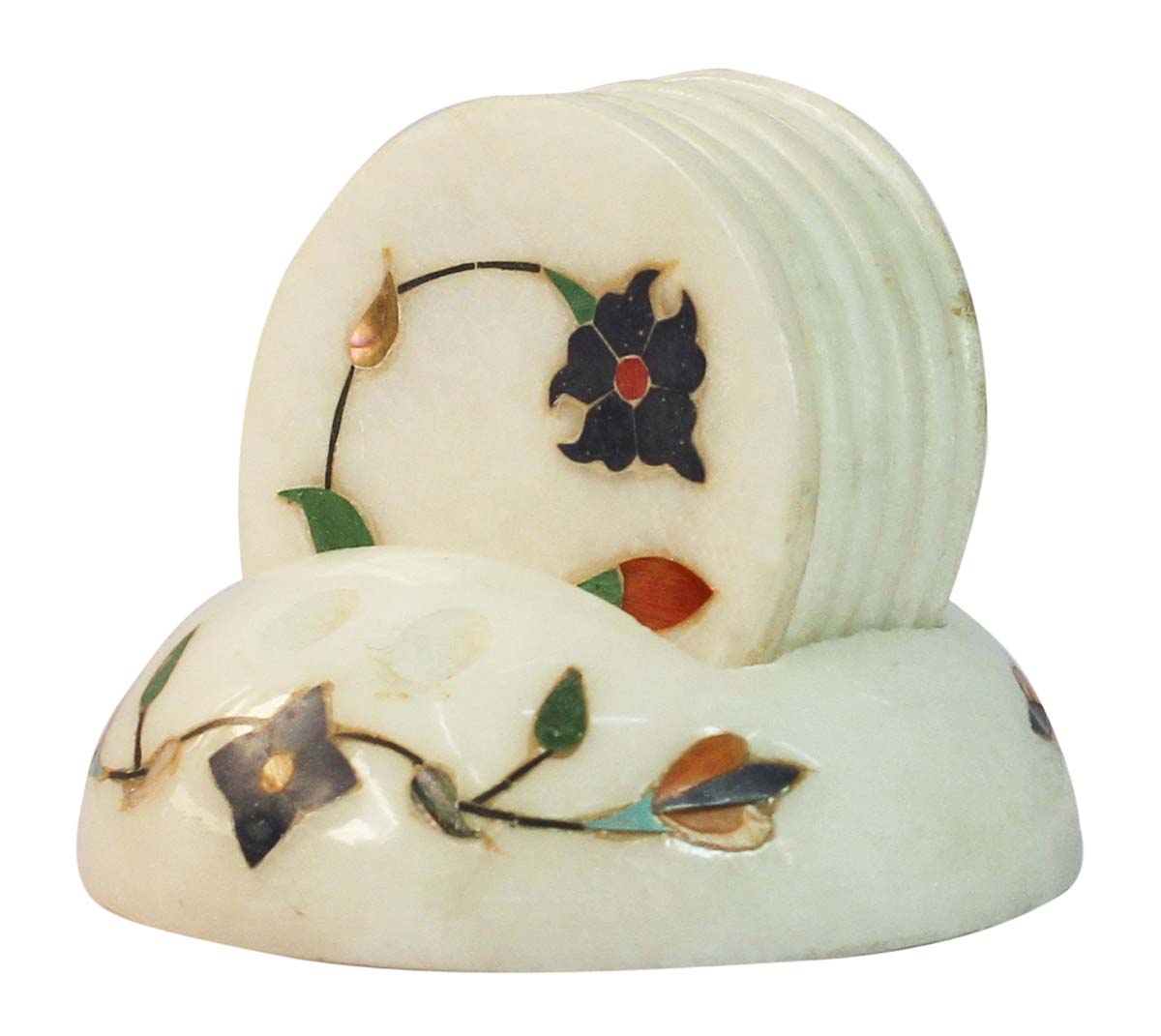 Bulk Wholesale Set of 6 Round-Shaped Drink Coasters with a Holder in White Italian Marble - 4” Handmade Decorated with Floral Patterns in Pietra Dura Art - Table-Top Accessories - Home/Office Decor