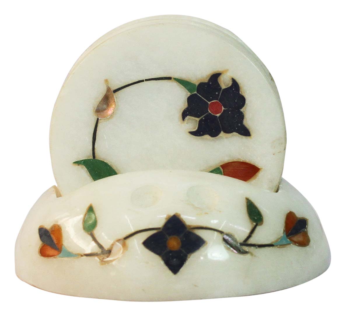 Bulk Wholesale Set of 6 Round-Shaped Drink Coasters with a Holder in White Italian Marble - 4” Handmade Decorated with Floral Patterns in Pietra Dura Art - Table-Top Accessories - Home/Office Decor