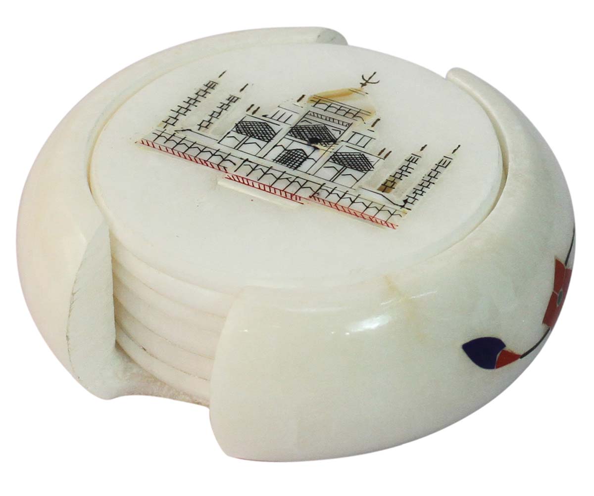 Bulk Wholesale Drink Coasters with a Holder in White Marble 4” Handmade Round-Shaped - Decorated with Taj Mahal Motif - Table-Top Accessories