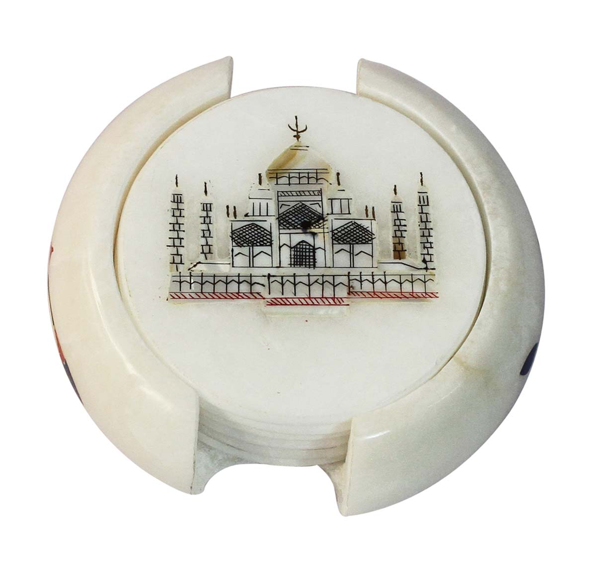 Bulk Wholesale Drink Coasters with a Holder in White Marble 4” Handmade Round-Shaped - Decorated with Taj Mahal Motif - Table-Top Accessories